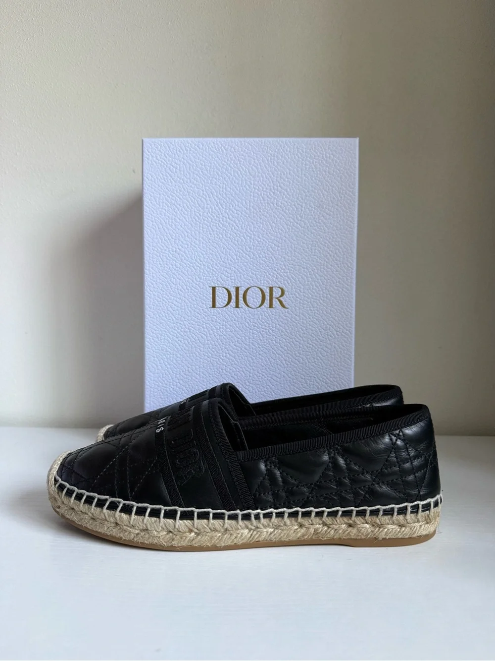 NIB Dior Granville Black Cannage Quilted Leather Espadrilles Logo Band